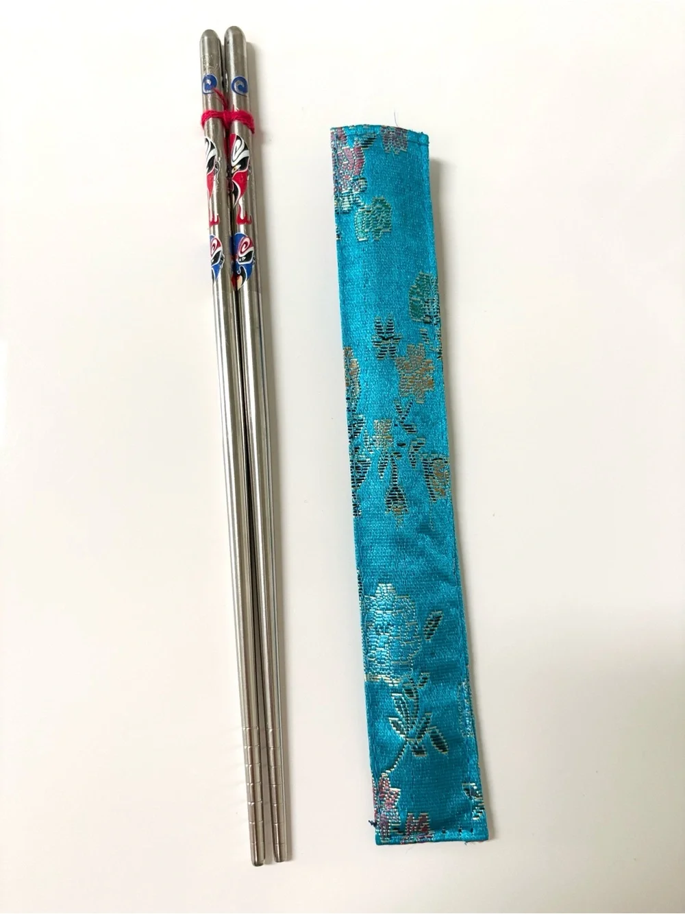Reusable Beijing Opera Mask Stainless Steel Chopsticks & Brocade Travel Pouch